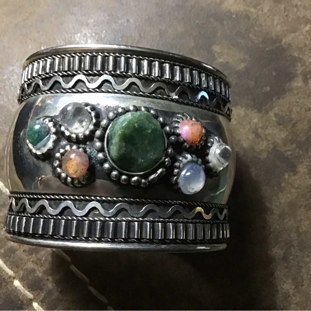 Silver and Multicolor Stone Cuff Bangle Bracelet